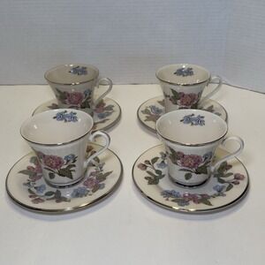 4 Vintage Gorham FAIRMEADOWS Bone China Silver Trim Floral CUPS and SAUCERS Sets
